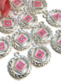 Hot Pink NA Enamel With Clear Crystal Pendant Charms Silver Tone